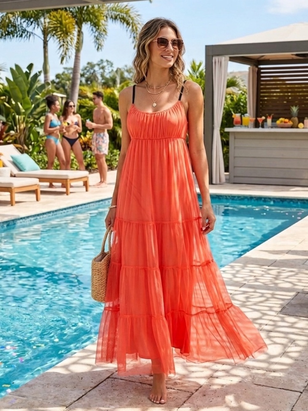 Maeve Anthropologie Coral tulle Maxi Dress with Spaghetti Straps Small - Picture 10 of 11